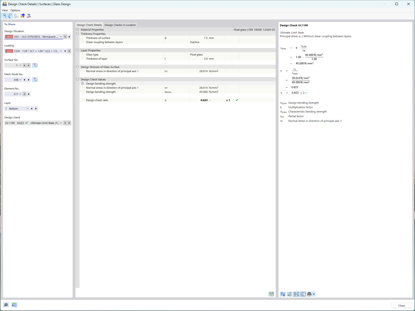 RFEM 6 界面，显示结构构件的详细设计验算选项。