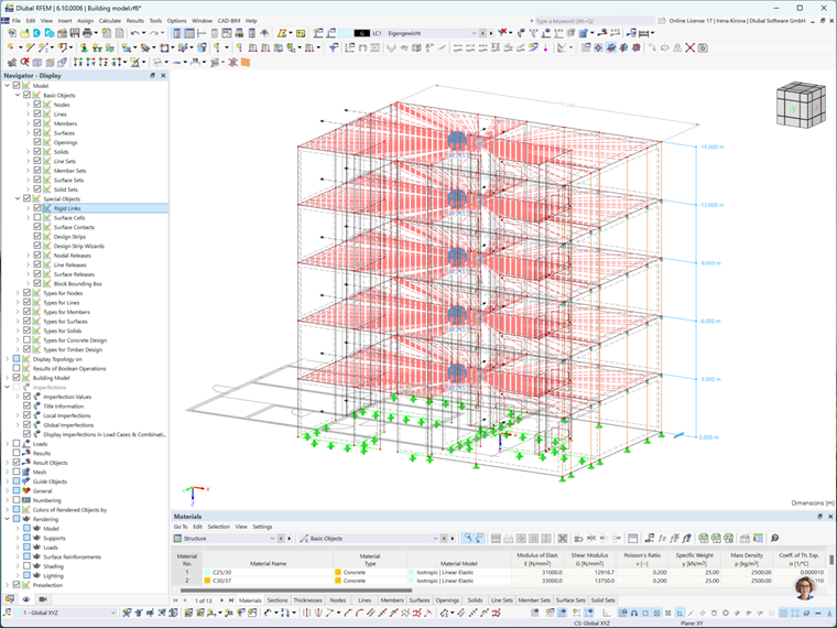 Finite element nodes show how rigid links couple horizontal displacements in structural analysis using the Rigid Diaphragm story type.