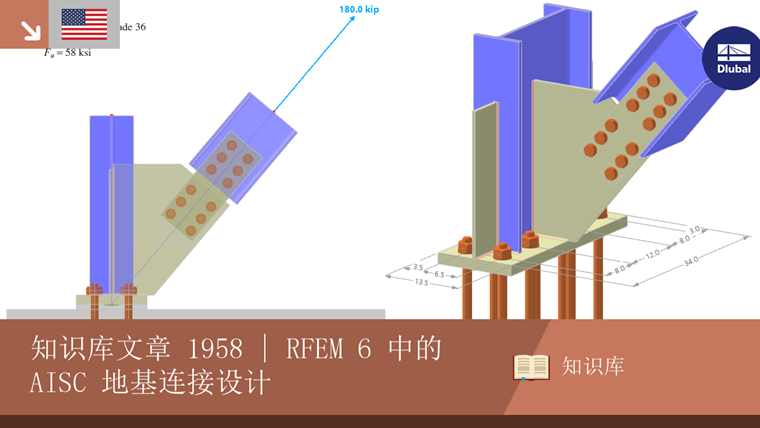 RFEM 6 中根据 AISC 标准的受拉和受剪基础连接设计。该图展示了结构计算。