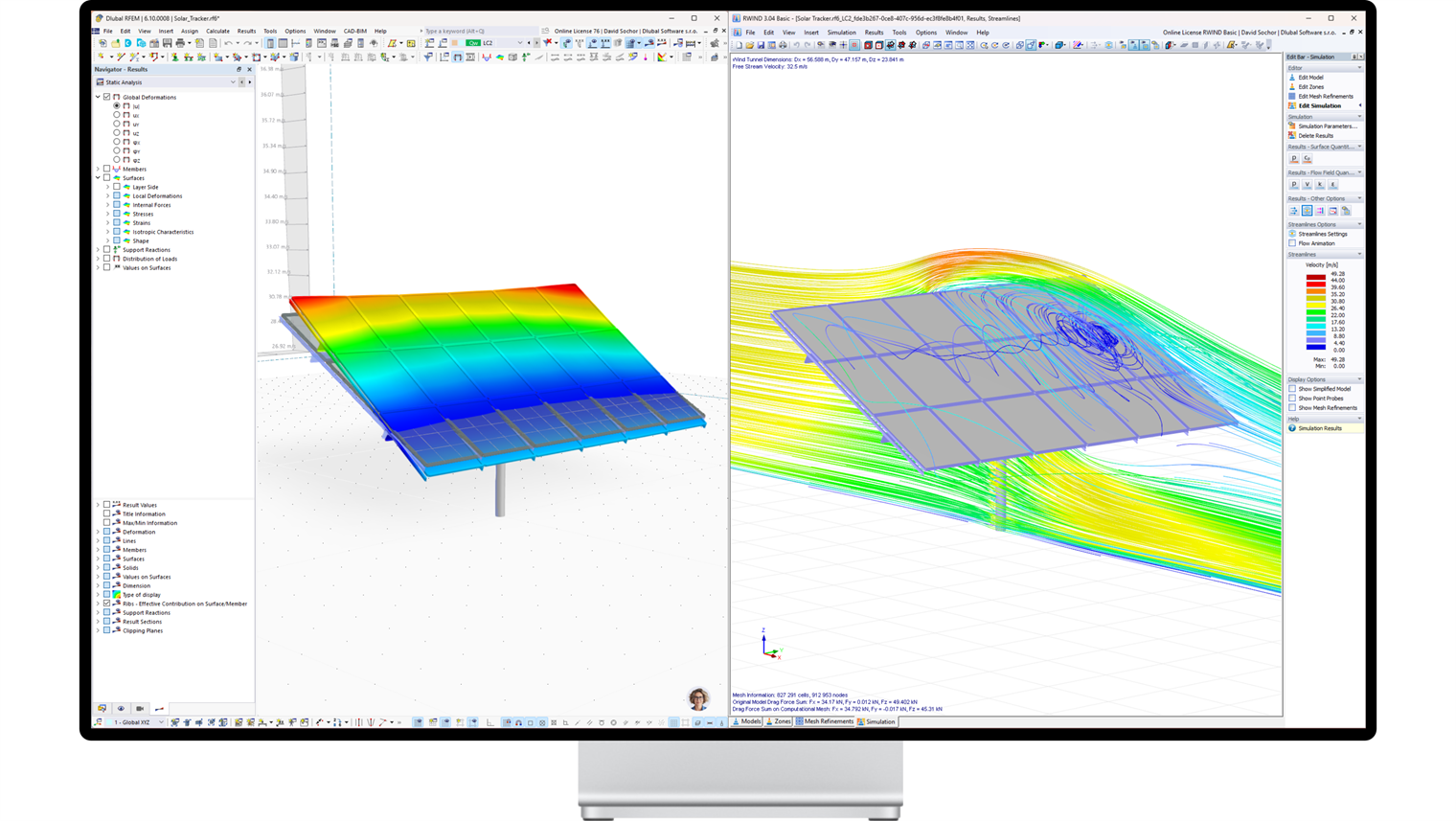 动画展示 RWIND 3 的风荷载传递到 RFEM 6 后导致太阳能电板变形