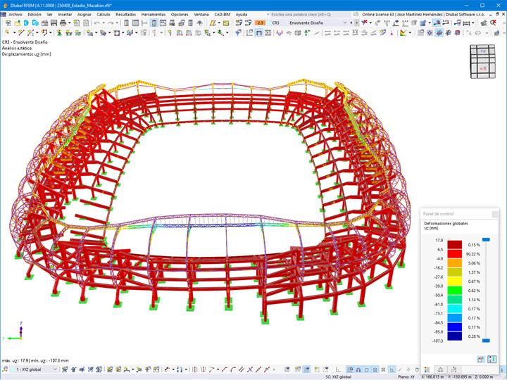 使用 RFEM 模拟足球场结构的整体变形。图中展示了受力影响下结构模型的详细分析。