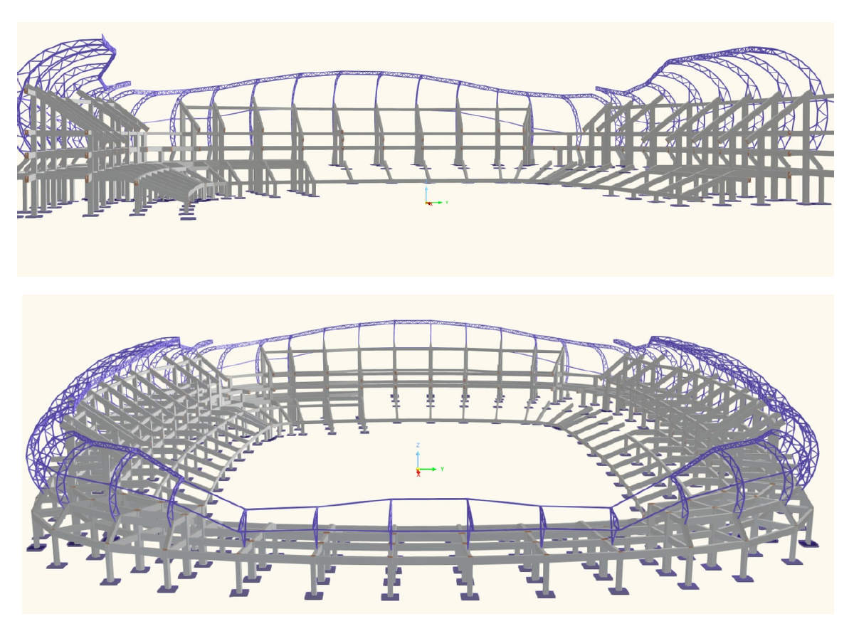 体育场模型的详细视图，展示了使用 RFEM 创建的复杂结构及其几何形状和连接部分