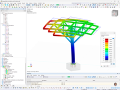 MSE Engenharia 使用 RFEM 进行风洞分析，显示了太阳能树上的风力流动和荷载分布