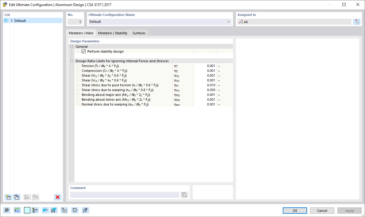 “编辑承载能力极限状态配置”对话框，“杆件 | 基本”选项卡