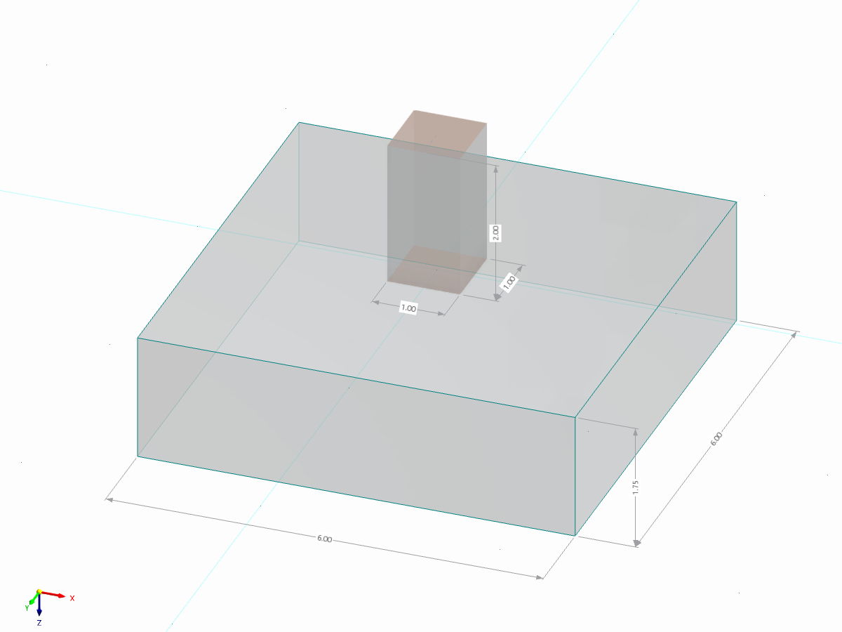 单基础的 3D 模型，包括正方形基础、中心柱子和几何形状