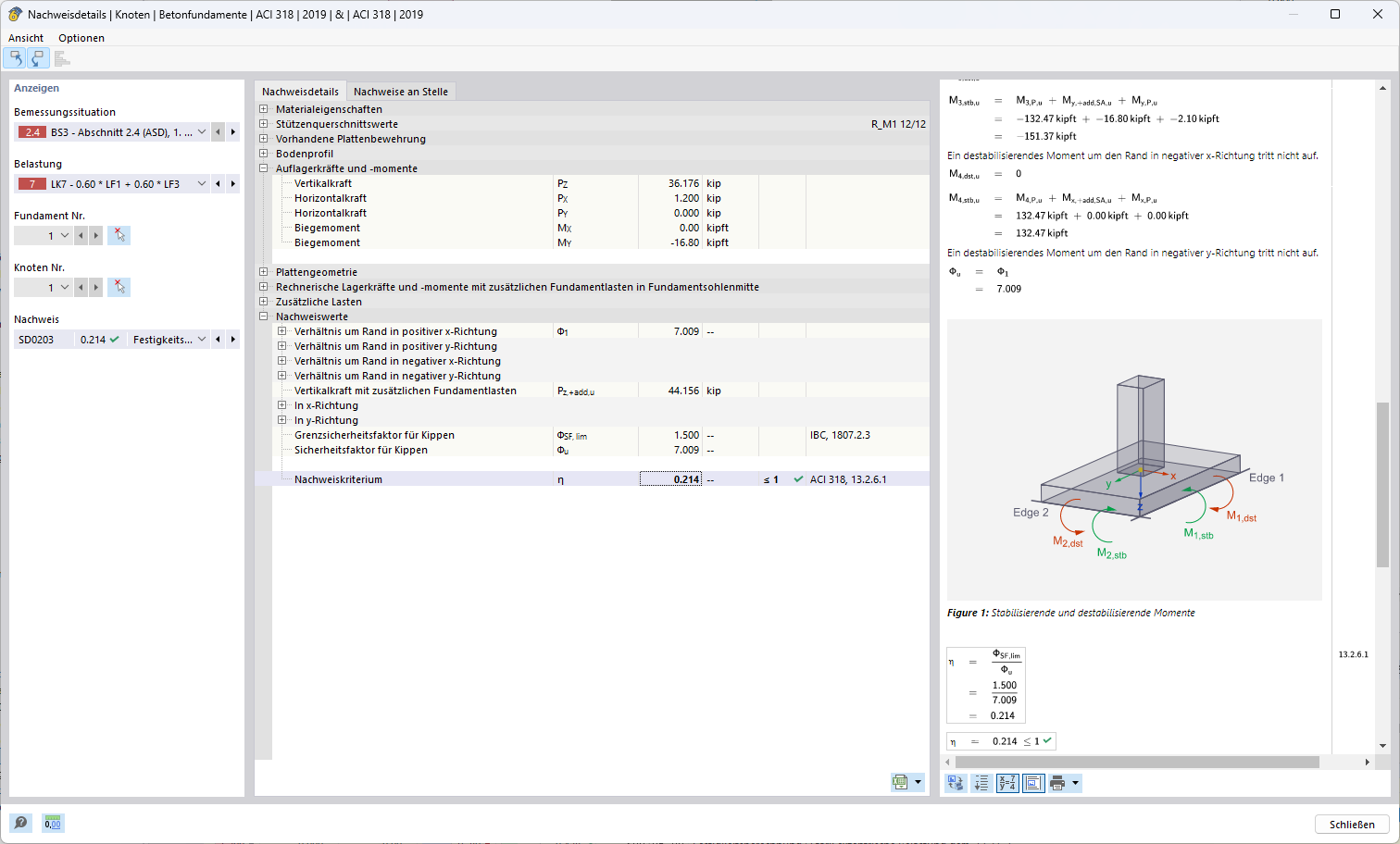 具有稳定和不稳定力矩及安全系数的基础抗倾覆验算的 RFEM 结果