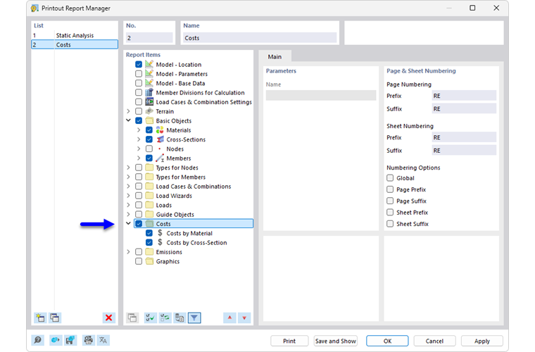 包含成本章节的输出报告管理器