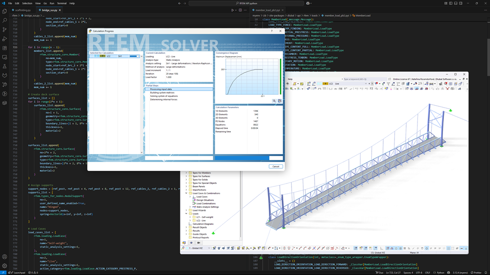 RFEM 6 用户界面显示了一个钢桥模型，并集成了 Python 脚本功能，用于高级结构分析。