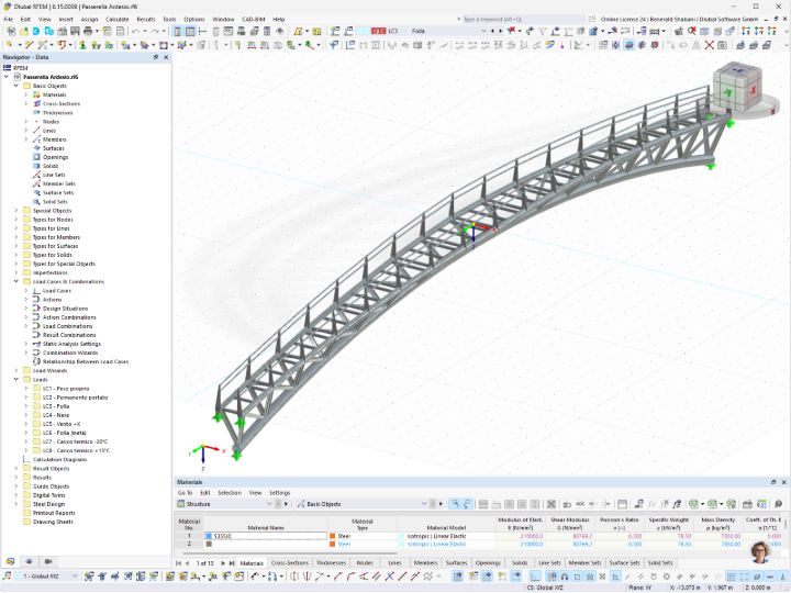 意大利一座弧形钢制行人桥的3D-RFEM模型，带有桁架梁和栏杆