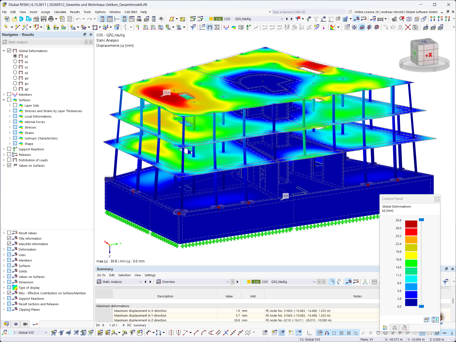 RFEM 中三层住宅和商业建筑的整体变形
